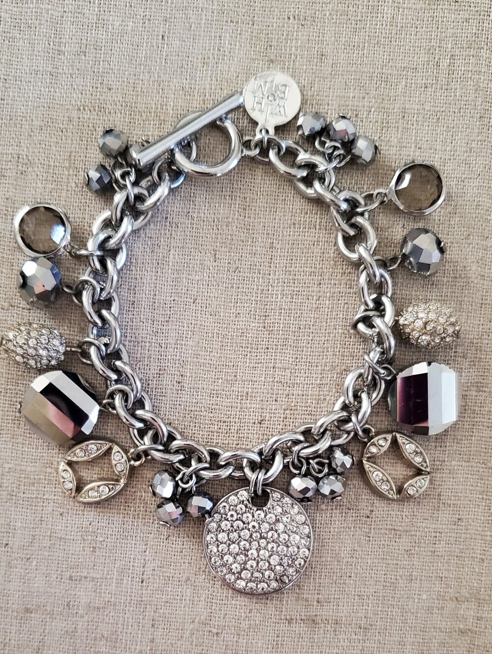 White House Black Market Crystal Charm Bracelet Silver Gunmetal Pavé Toggle